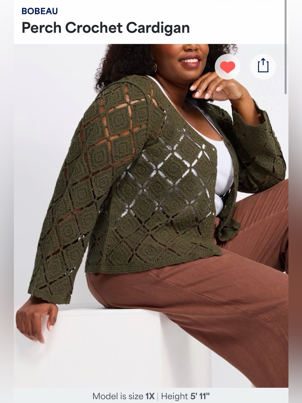Bobeau 3X Olive Green Crochet Open Knit Cardigan Boho